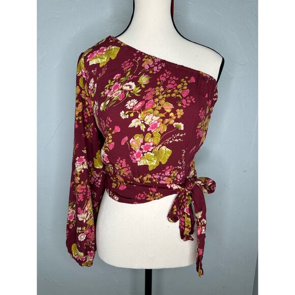Rachel Roy Burgundy Floral Cropped One Shoulder Women’s Top - Picture 1 of 8